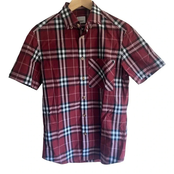 BURBERRY Red Poplin Check Short Sleeve Shirt Sz XS - Picture 3 of 10